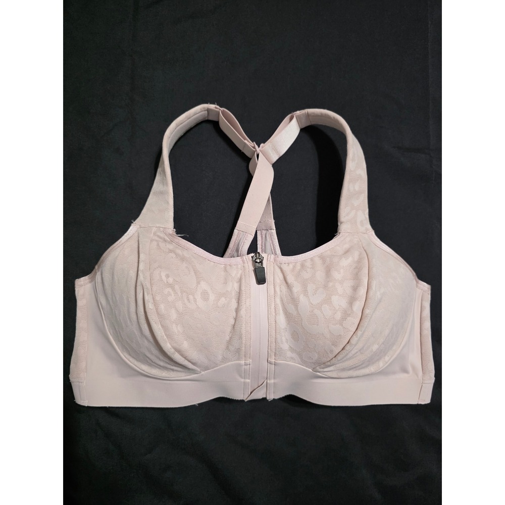 Victoria Secret VSX Knockout Sports Bra 38D Pink Leopard Print Front-Zip Workout